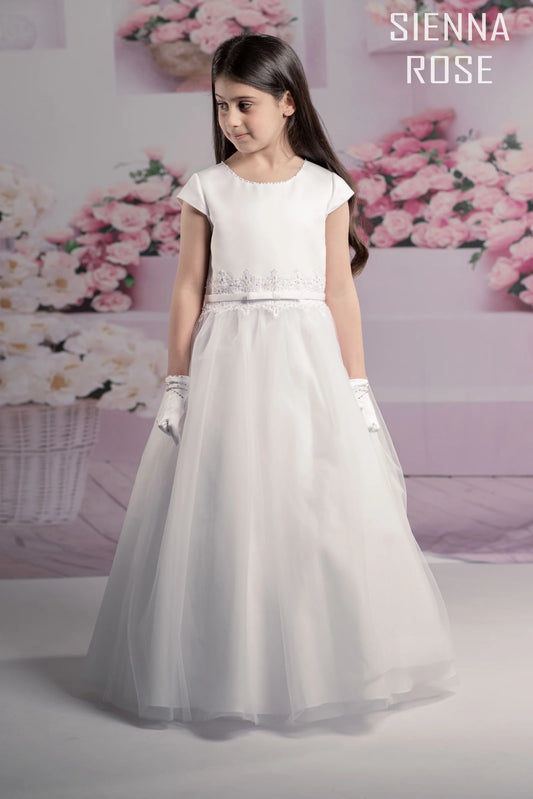 White satin and Organza Sienna Rose Communion Dress