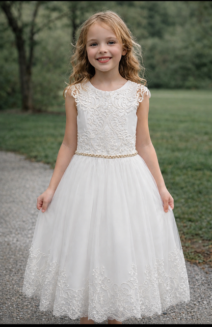 White Lace & Tulle Flower Girl Dress with Crystal Belt