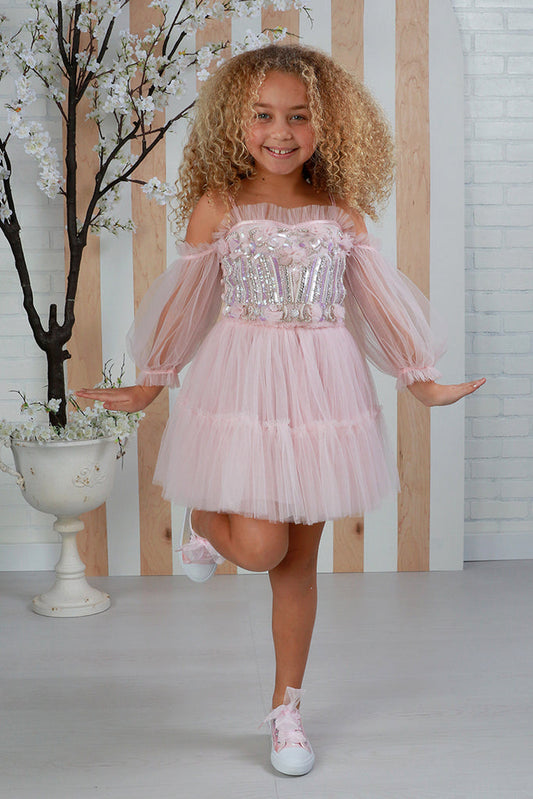 Dyanna Girls Pink Embellished Dress
