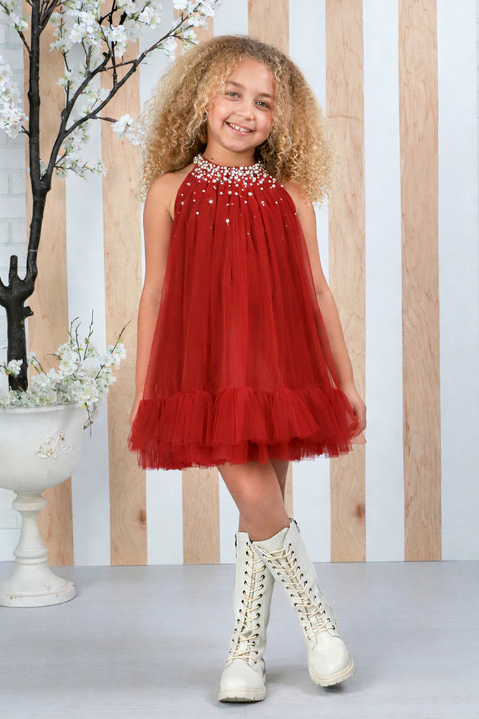 Solene Berry Girls Tulle Halter Dress with Pearl & Rhinestone Neckline