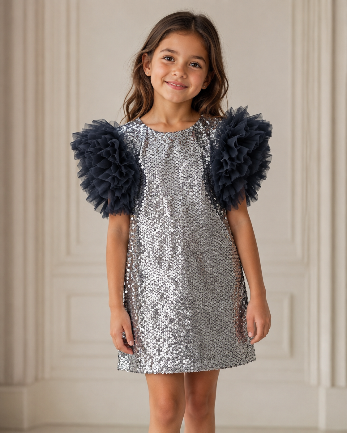 Girls Silver Sequin Dress with Navy Tulle Ruffle Sleeves Made In Italy