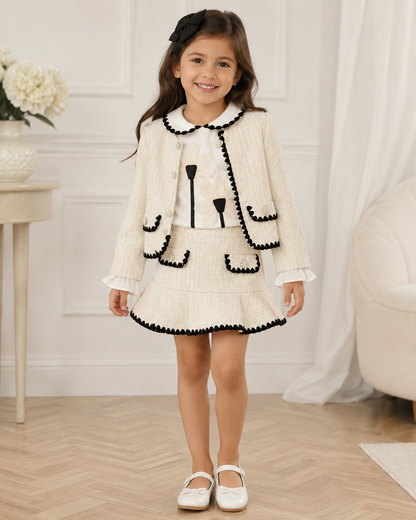 Girls' Ivory Tweed 3-Piece Set – Jacket, Blouse & Skirt