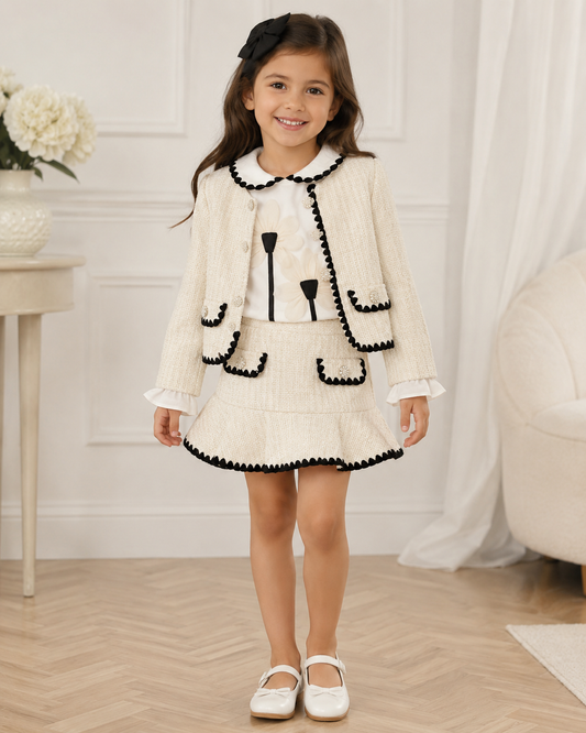 Girls' Ivory Tweed 3-Piece Set – Jacket, Blouse & Skirt