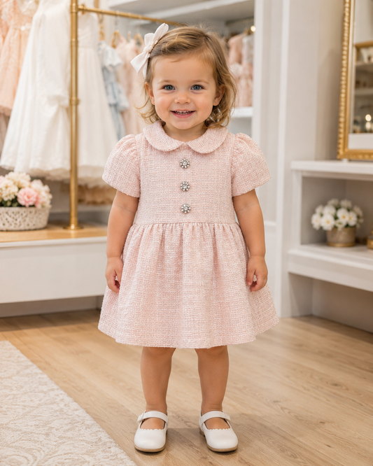 Baby Girls' Pink Tweed Dress with Rhinestone Buttons