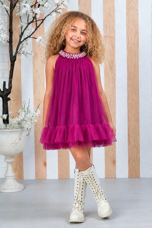 Solene Berry Girls Tulle Halter Dress with Pearl & Rhinestone Neckline