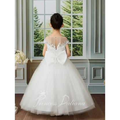 Flower lace Bodice with Beaded Neckline/Tulle Skirt & Back Bow
