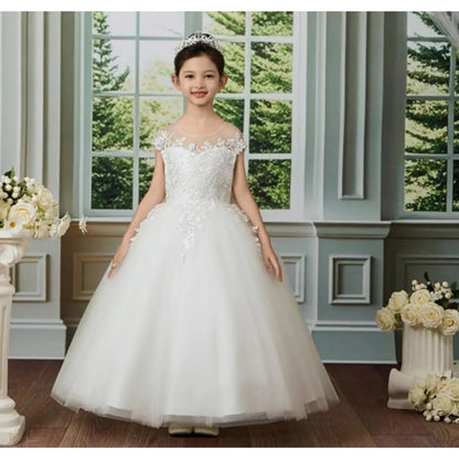 Flower lace Bodice with Beaded Neckline/Tulle Skirt & Back Bow