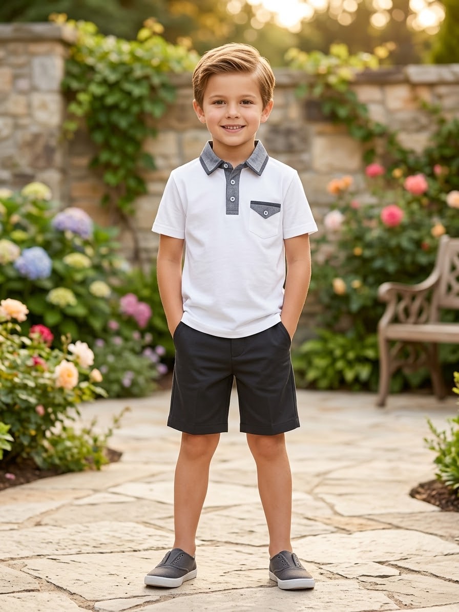 Boys White Polo & Navy Shorts Set