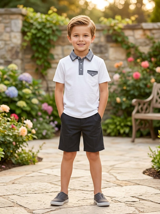 Boys White Polo & Navy Shorts Set