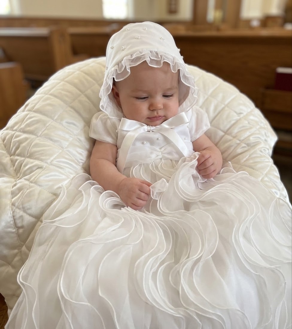 Cascading Ruffle Christening Gown with Bonnet