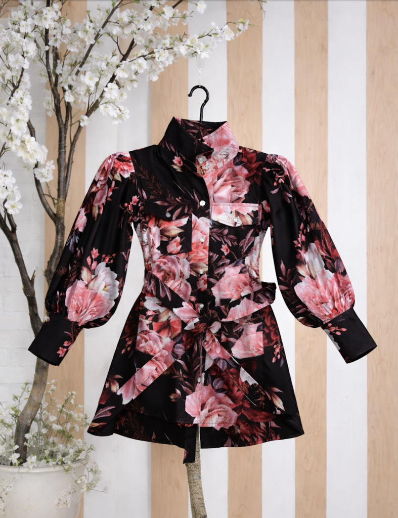 Carine -Floral Girls' Black Floral Shirt Dress