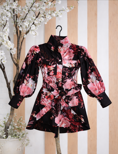 Carine -Floral Girls' Black Floral Shirt Dress
