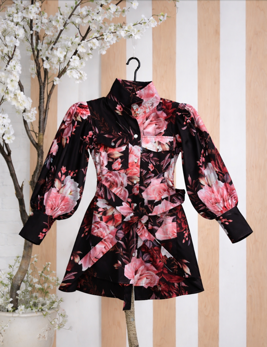 Carine -Floral Girls' Black Floral Shirt Dress