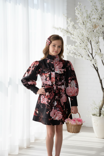 Carine -Floral Girls' Black Floral Shirt Dress