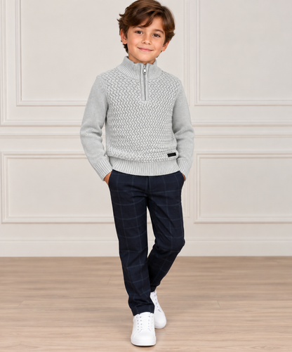 Boys' Half-Zip Cable-Knit Sweater & Plaid Trousers Set