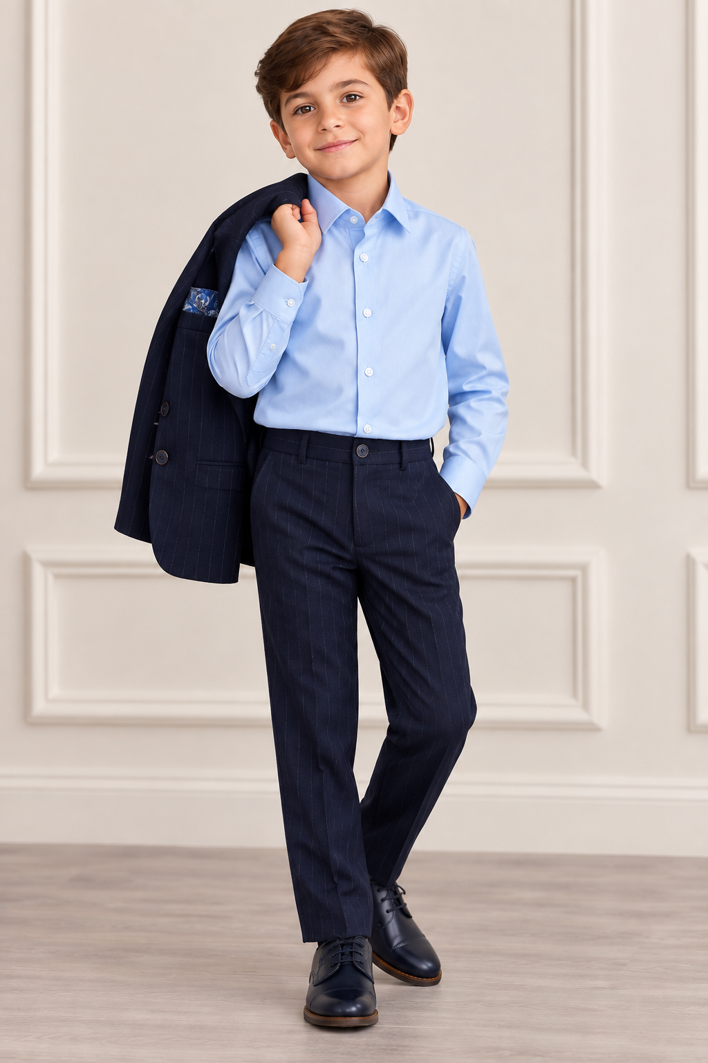 Boys Navy Pinstripe Suit Set with Light Blue Shirt
