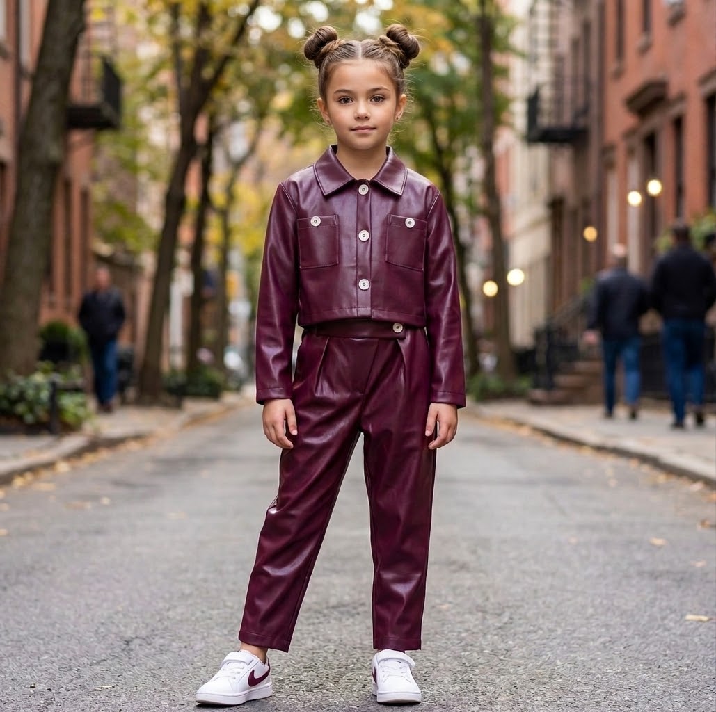 Girl wearing burgundy faux leather cropped jacket and matching pants set, standing on a city street