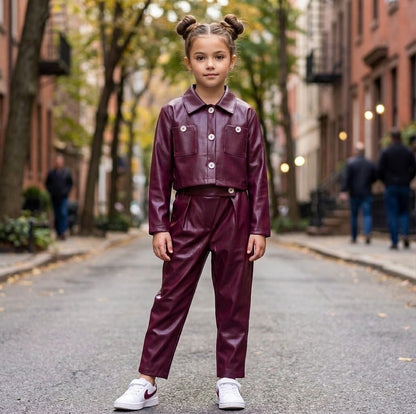 Girl wearing burgundy faux leather cropped jacket and matching pants set, standing on a city street