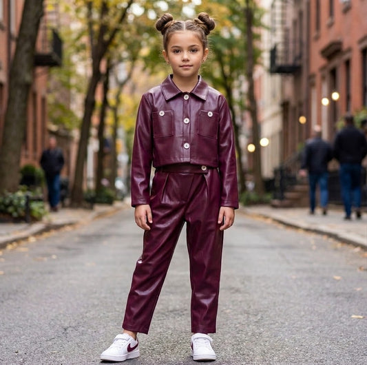 Girl wearing burgundy faux leather cropped jacket and matching pants set, standing on a city street