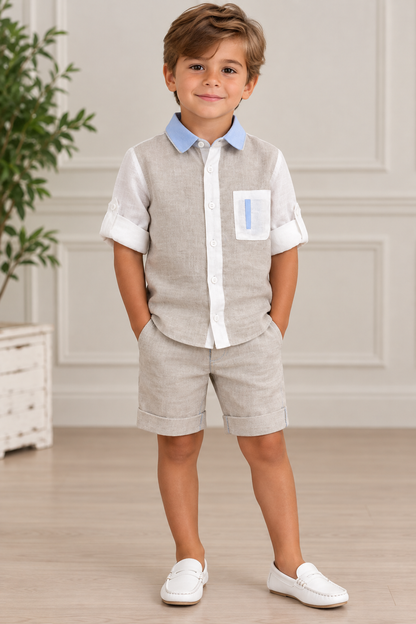 Bimbalo Boys' 2-Piece Linen Shirt & Shorts Set in Taupe Made in Italy