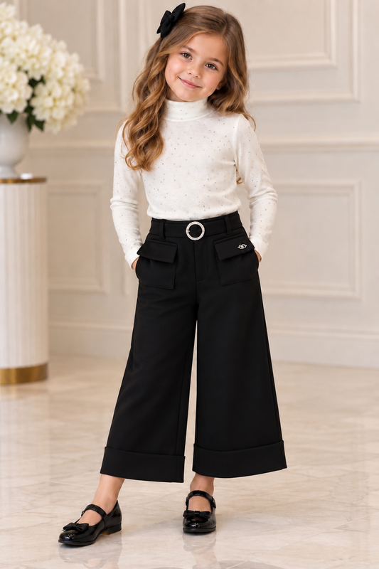 Girls' Crystal Turtleneck & Wide-Leg Pants Set