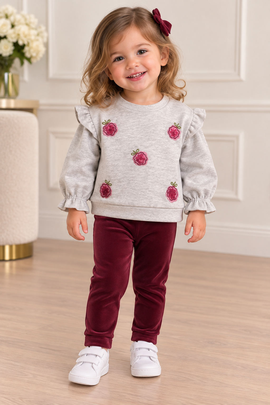 Girls Floral Embroidered Ruffle Sweatshirt & Velvet Leggings Set