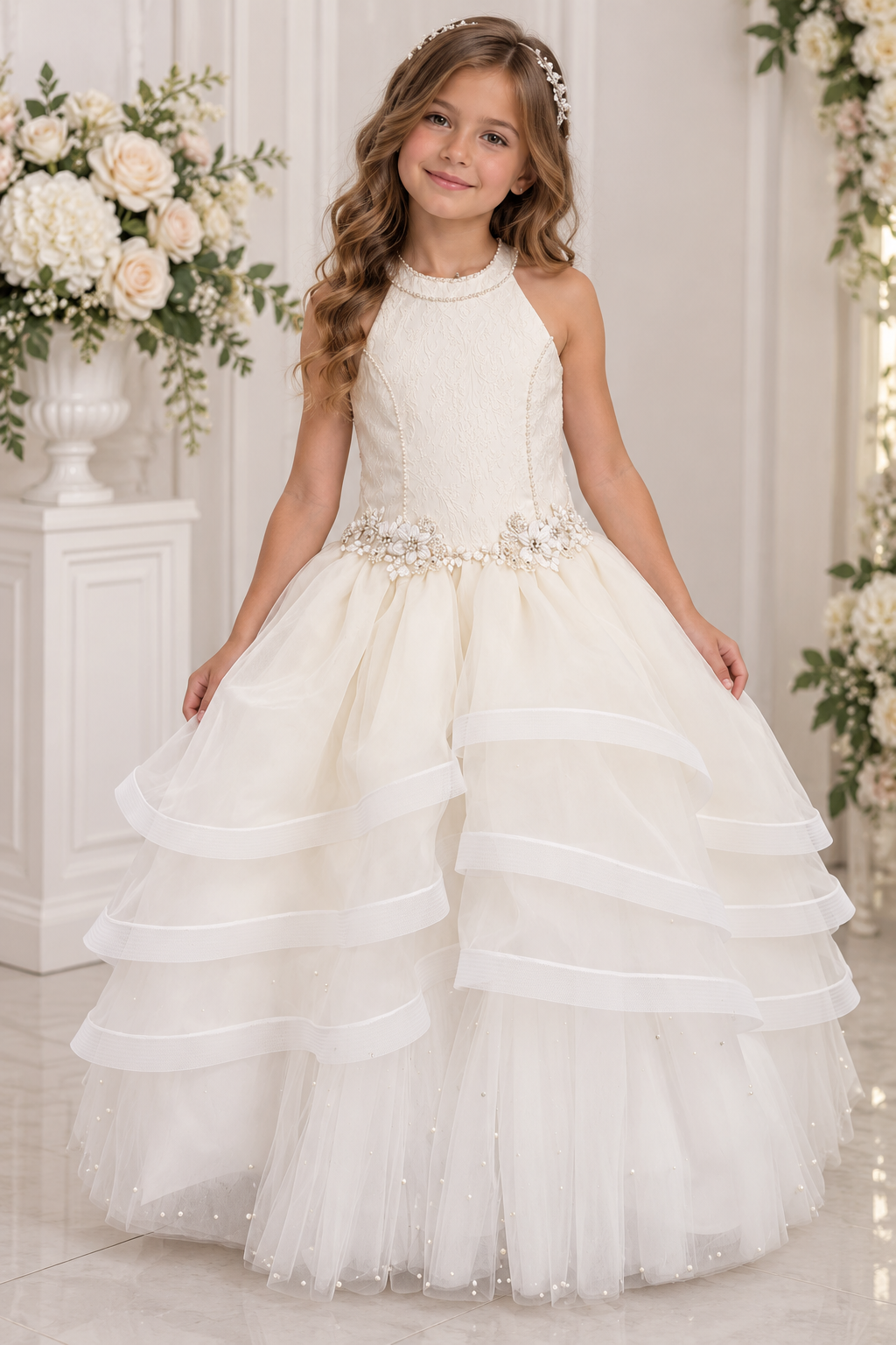 Pearl Halter Tiered  communion Dress Girl Madonna