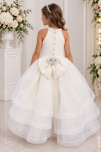Pearl Halter Tiered  communion Dress Girl Madonna
