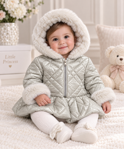 Baby Girl Quilted Metallic Coat with Faux Fur Trim