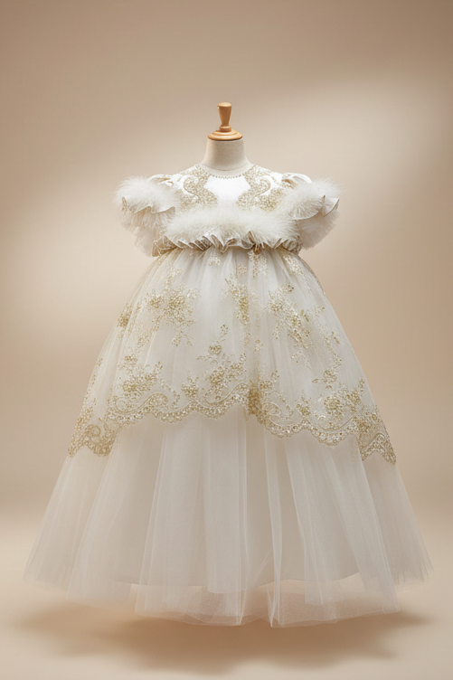 Ivory & Gold christening Dress with marabou Sarita