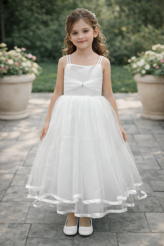 Elegant White Communion Dress with Tulle Skirt
