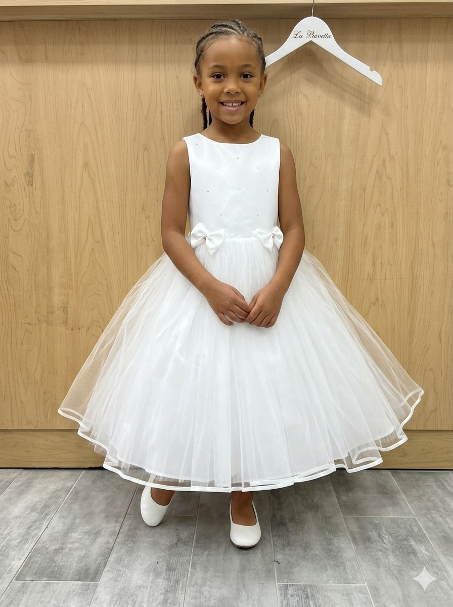 White Tulle Flower Girl Dress with Bow Details