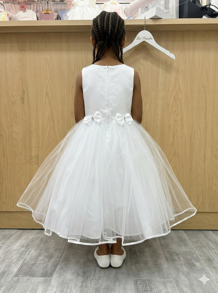 White Tulle Flower Girl Dress with Bow Details