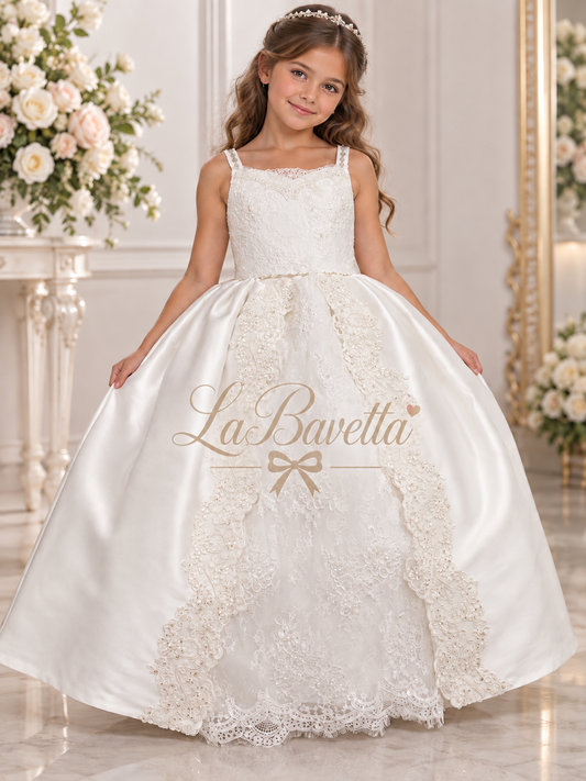 Diamond White Mikado  & Lace Communion Girl’s  Dress