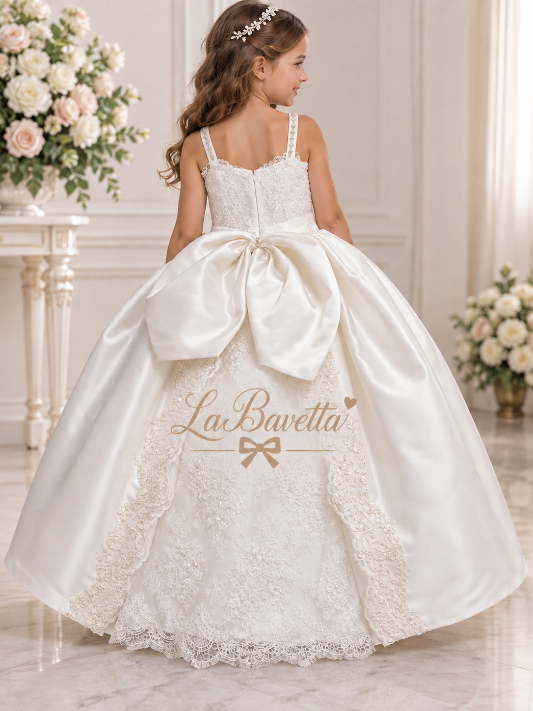 Diamond White Mikado  & Lace Communion Girl’s  Dress