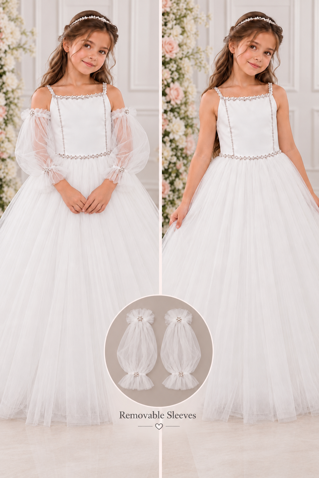 Crystal Rhinestone Cold-Shoulder Gown with Removable Sleeves