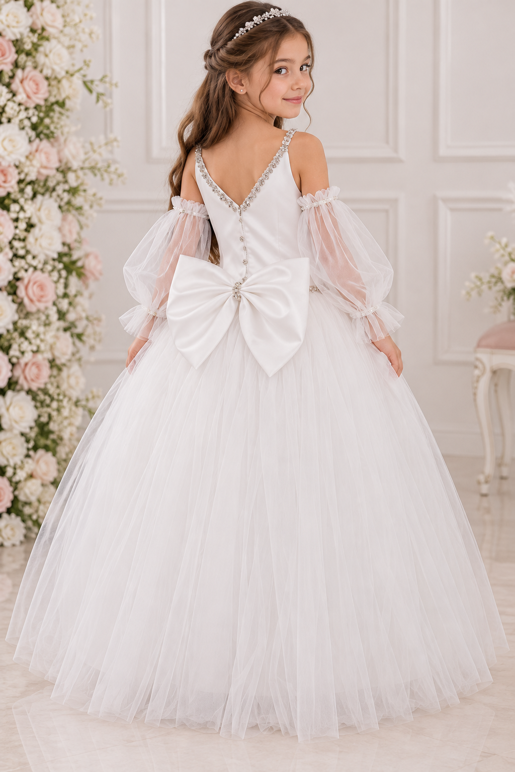Crystal Rhinestone Cold-Shoulder Gown with Removable Sleeves
