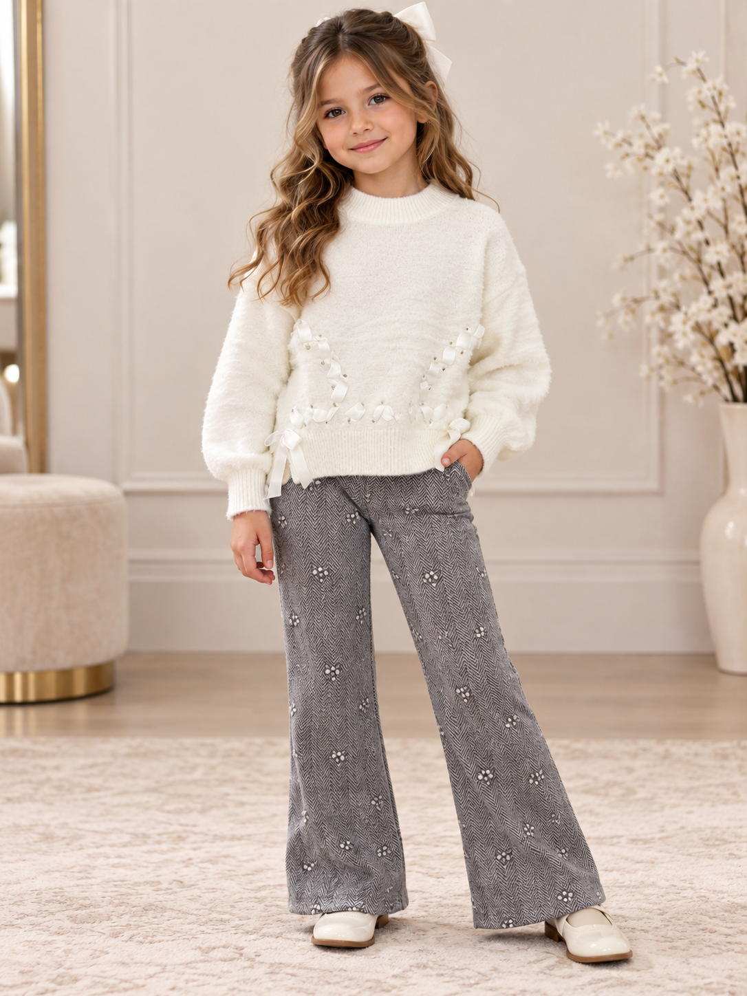 Girl wearing an ivory floral-detail sweater and gray patterned wide-leg pants
