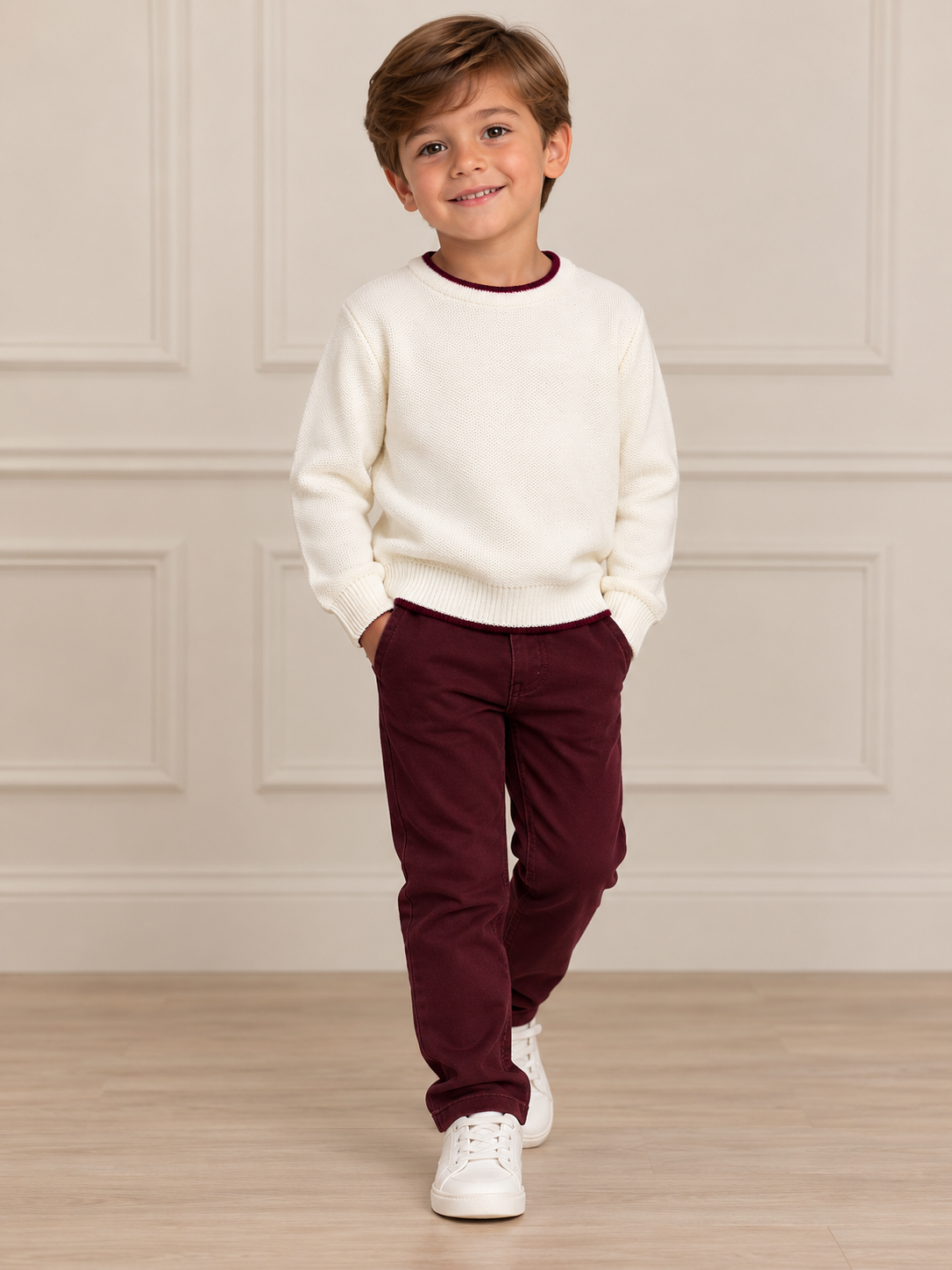 Boy wearing an ivory long-sleeve sweater with burgundy trim and burgundy trousers