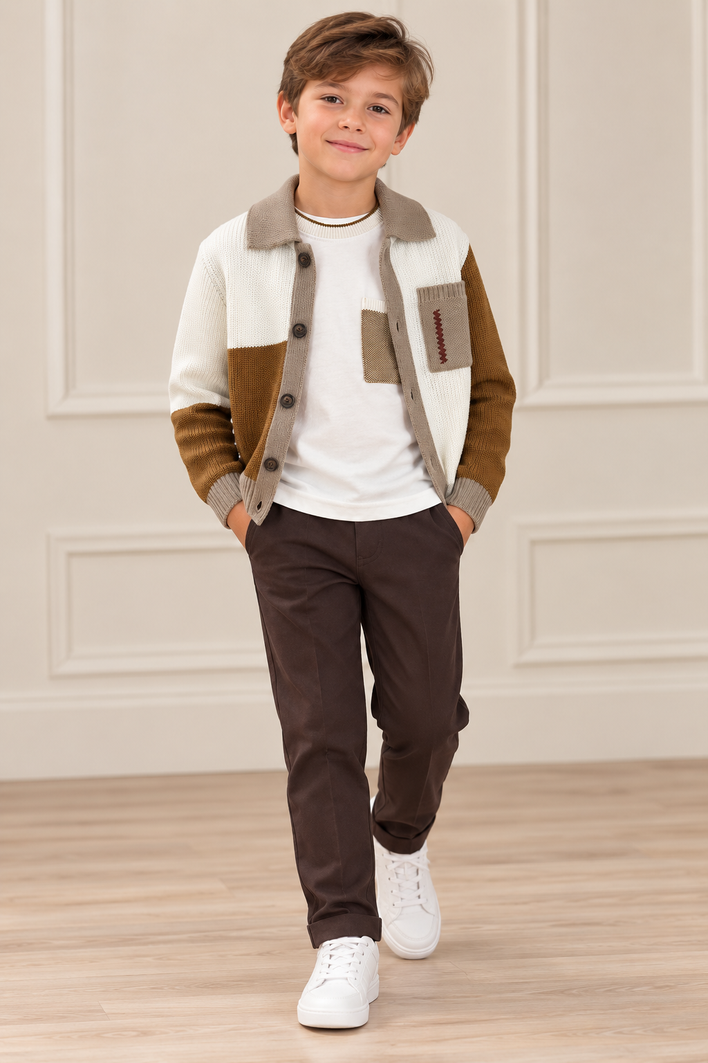 Boys' Color-Block Cardigan & Brown Pants Set, Made in Italy