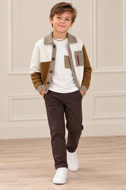 Boys' Color-Block Cardigan & Brown Pants Set, Made in Italy