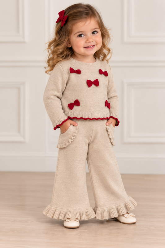 Girls' Cream Knit Bow Top and Wide-Leg Pants Set