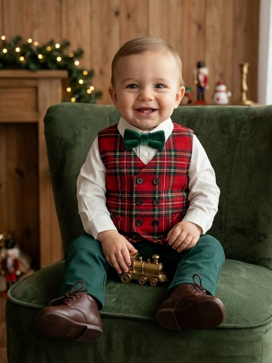 Boys’ Red Plaid Vest and Dark Green Pants Formal Look