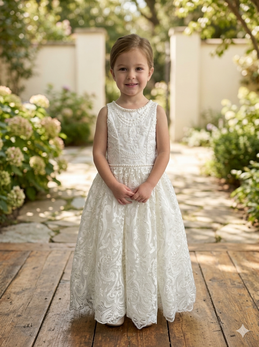 Diamond White Lace Flower communion Dress