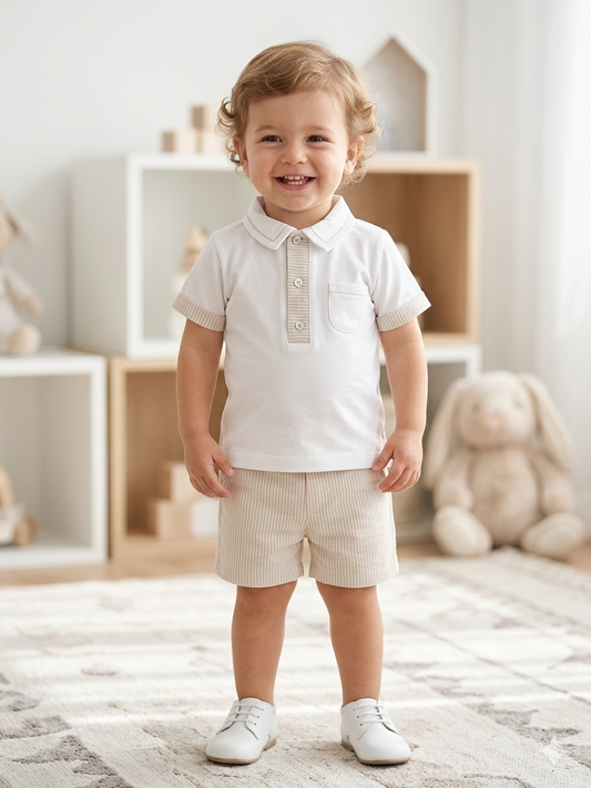 Classic White Polo & Striped Shorts Set