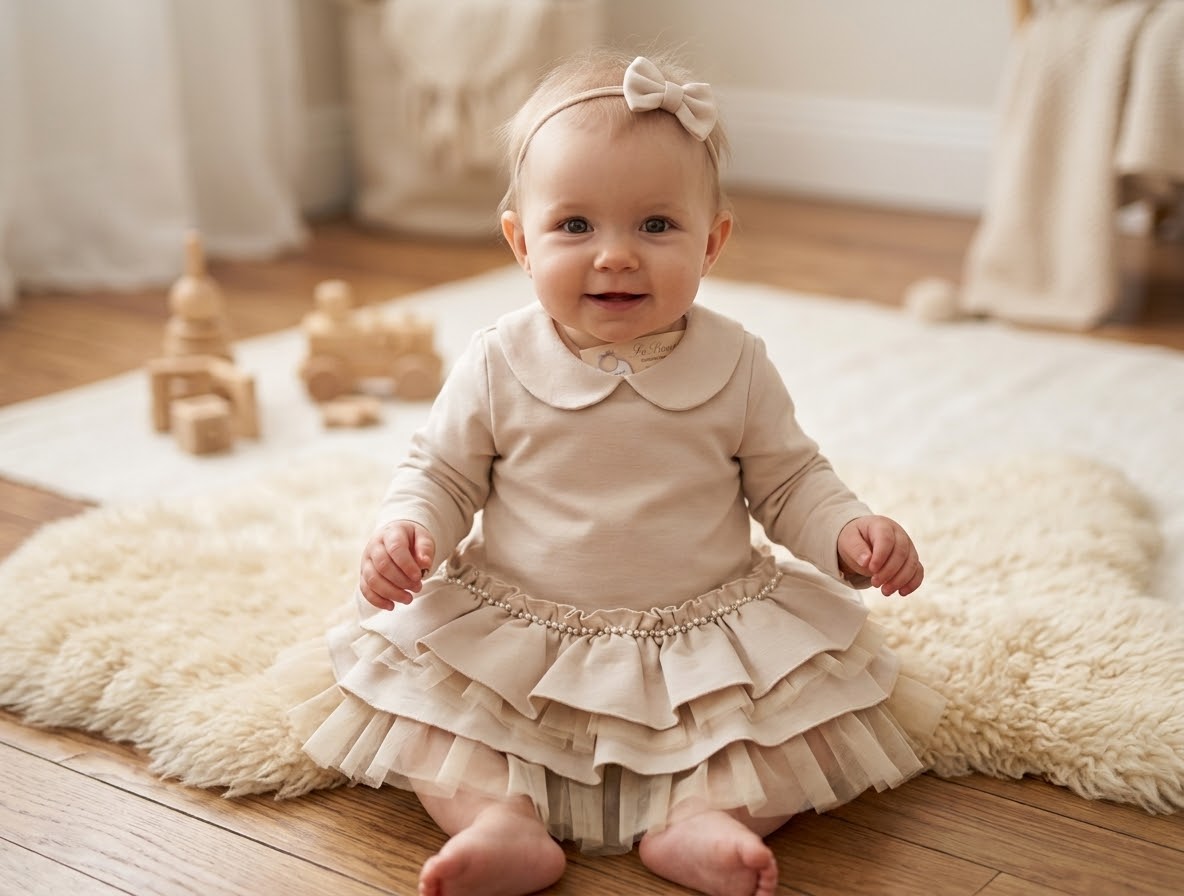 Girls' Ivory Peter Pan Collar Tiered Dress | Made in Italy