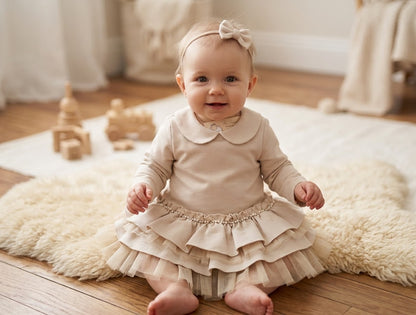 Girls' Ivory Peter Pan Collar Tiered Dress | Made in Italy