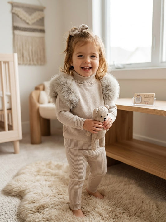 Girls' Faux Fur Pom-Pom Turtleneck Sweater & Ribbed Leggings Knit Set – Beige Made In Italy