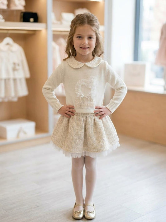 Girls' Ivory Collared Sweater & Textured Skirt Set