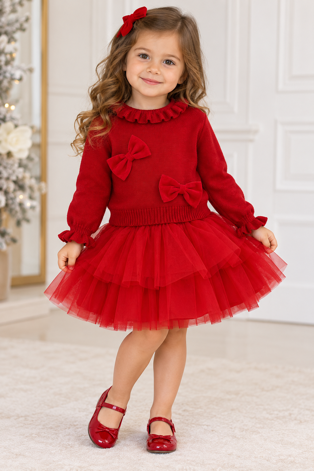 Girls' Red Knit Sweater & Tulle Dress Set with Bow Appliqués